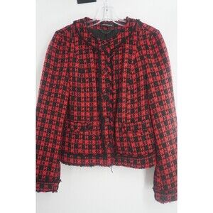 Express Y2K Vintage 2008 Red Black Plaid Tweed Blazer Fringe Trim Jacket Size 8